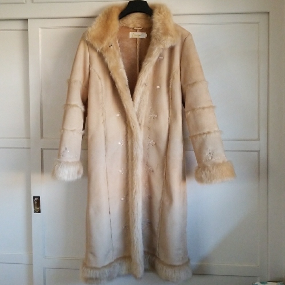 Tan knee length fur lined jacket